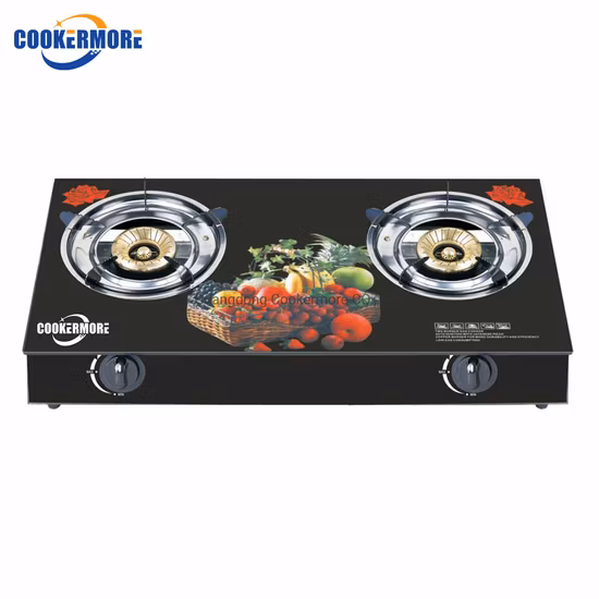 Faible consommation de gaz flamme bleue noir verre trempé haut 2 brûleur Table cuisinière à gaz en ventes