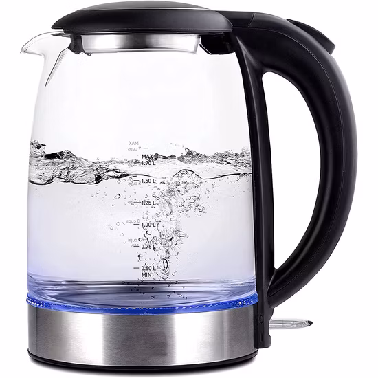Bouilloire électrique en verre de ventes chaudes avec un chauffe-eau à bande de lumière bleue
